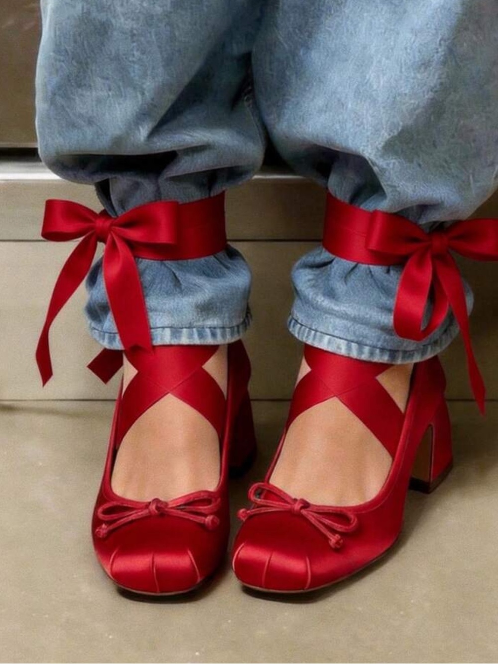 Ballet High Heel Pumps For Women Mary Janes Lace Up Chunky Heels With Bow Satin